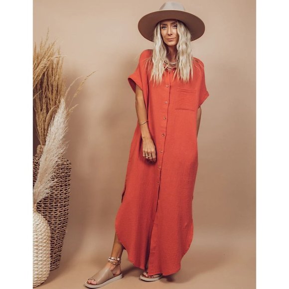 Shop Stevie Dresses & Skirts - Shop Stevie Quinn Button Down Short Sleeve Maxi Dress Terracotta